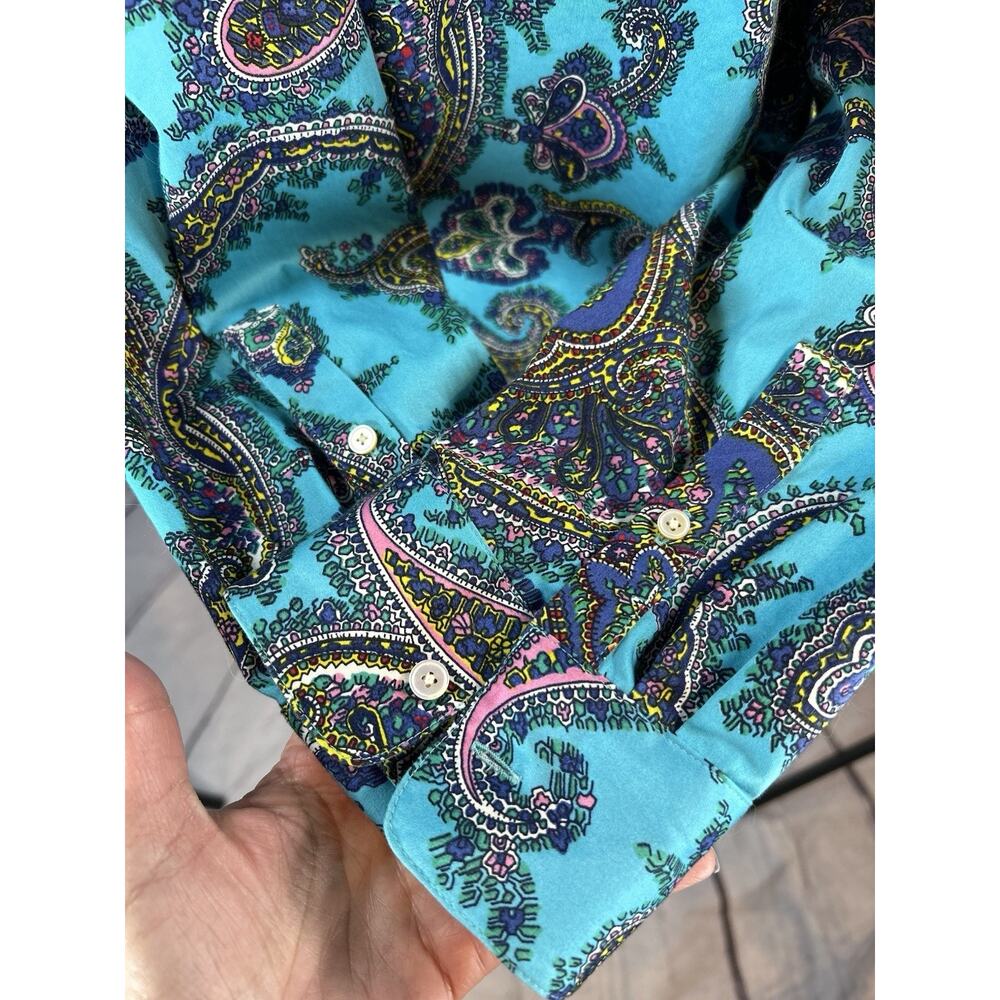 Talbots Teal Paisley Button Down Shirt Women’s 3XP Turquoise Long Sleeve Blouse - Picture 4 of 6